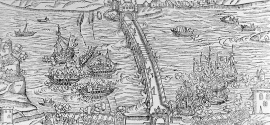 1596年にアンリ4世の前でセーヌ川で行われた海戦の再現。「ヘンゼル3世の凱旋門、ヘンリー3世の遺跡、ビルデルーアンの絵」のイラスト